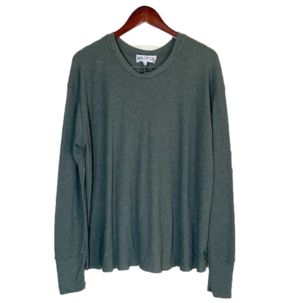 Wildfox Waffle Thermal Knit Long Sleeve Top, Oversized Hi-Lo Hem, Olive‎ Green S